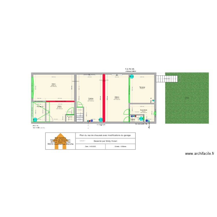 Plan du rez de chaussé avec modifications du garage.. Plan de 7 pièces et 79 m2