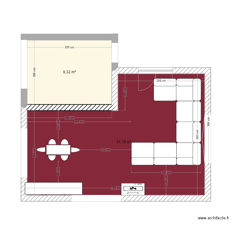 salon cuisine. Plan de 2 pièces et 40 m2