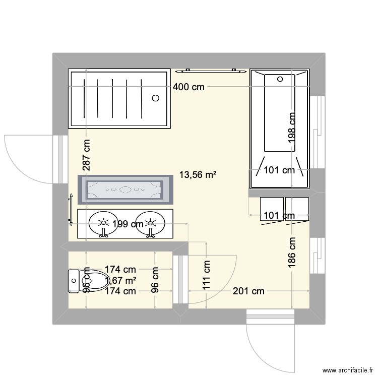 SDB RDC. Plan de 2 pièces et 15 m2