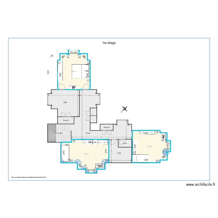 Maison R+1 v1. Plan de 3 pièces et 50 m2