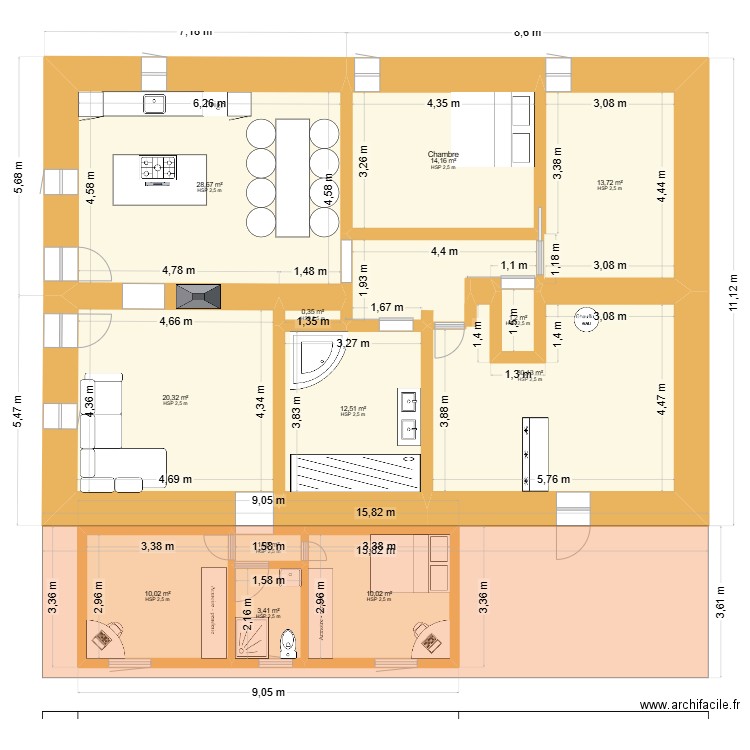 RDC vf. Plan de 12 pièces et 146 m2