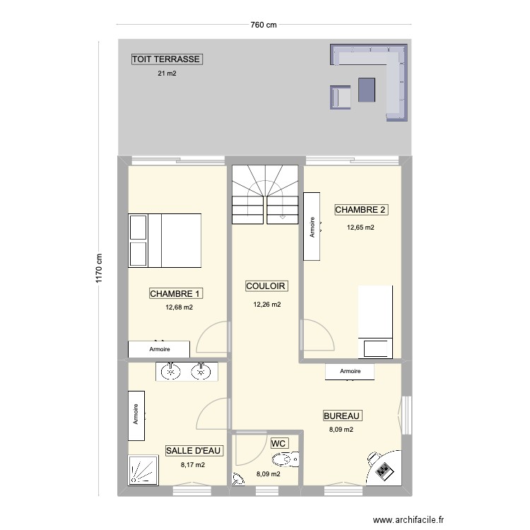 Projet 1 - Maison 1 - Etage. Plan de 3 pièces et 56 m2