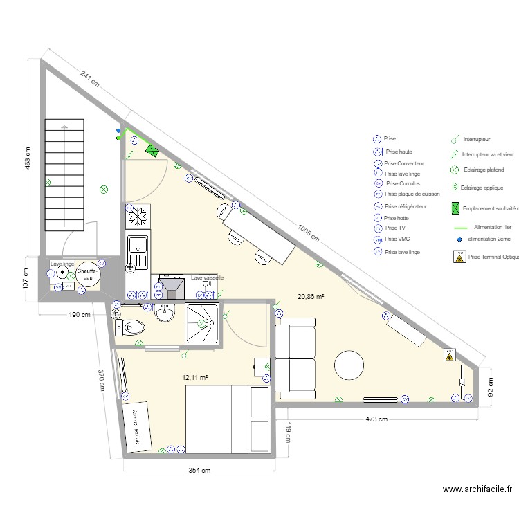 Maldoyenne 1er - elec + communs - Enedis. Plan de 3 pièces et 34 m2