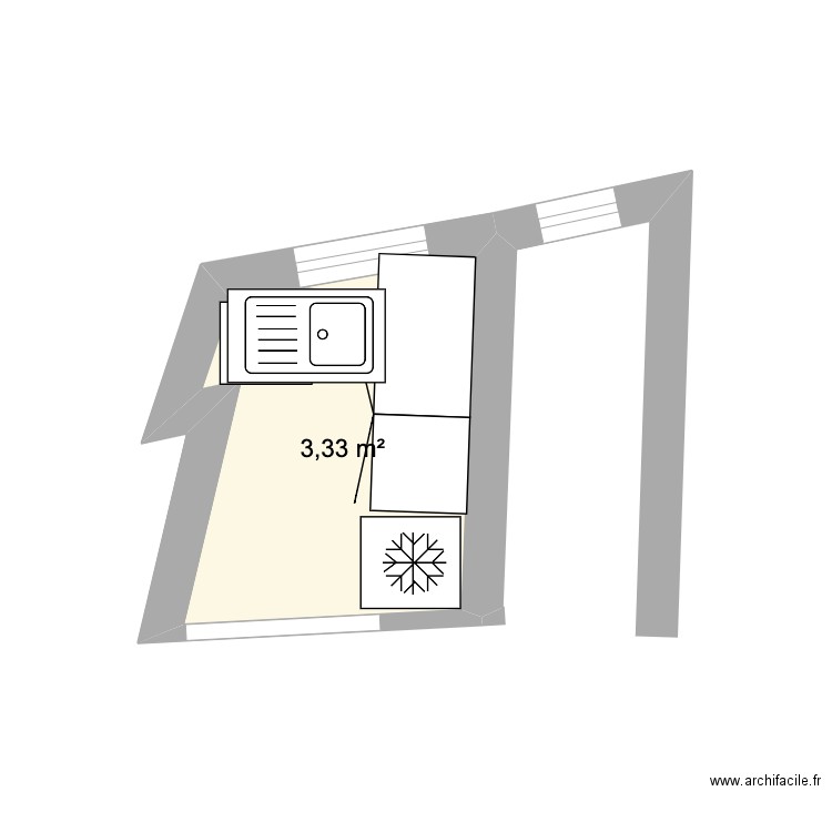 Cuisine et salle de bain. Plan de 1 pièce et 3 m2