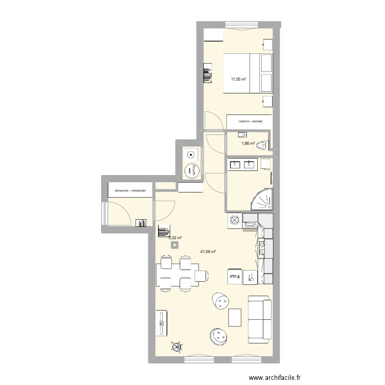 Clamart, projet version SDB 2. Plan de 4 pièces et 54 m2