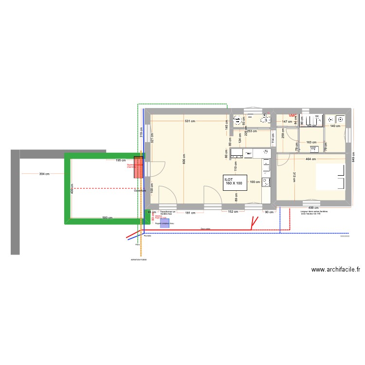 Sailles. Plan de 3 pièces et 74 m2