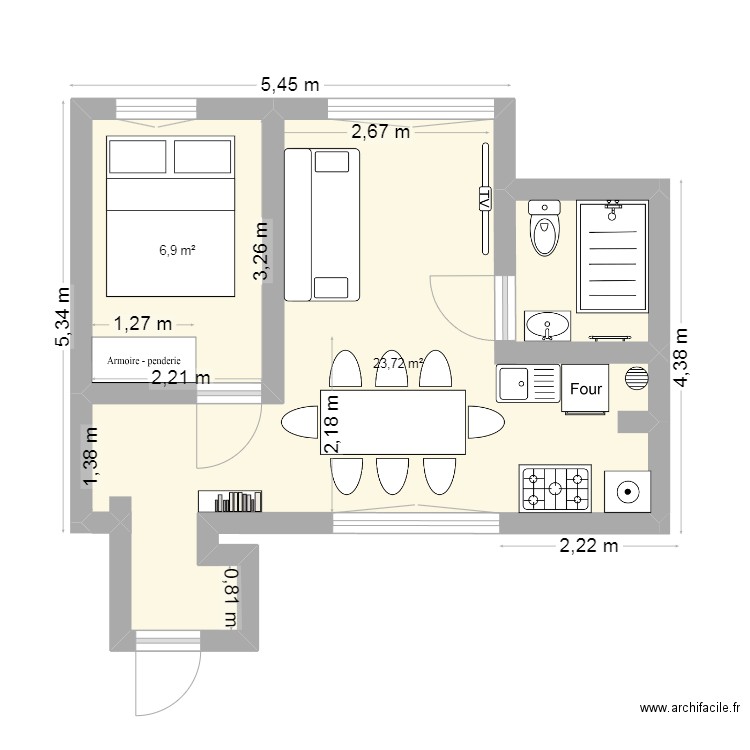 Version RDC Malo  chambre plage avec Meubles. Plan de 2 pièces et 31 m2