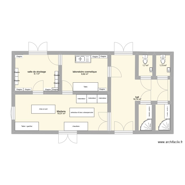 miellerie. Plan de 6 pièces et 61 m2