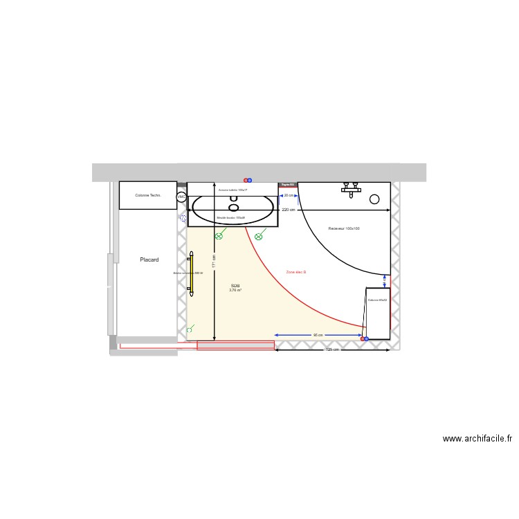 SDB Rossan_V2_1/4  100x100. Plan de 1 pièce et 4 m2