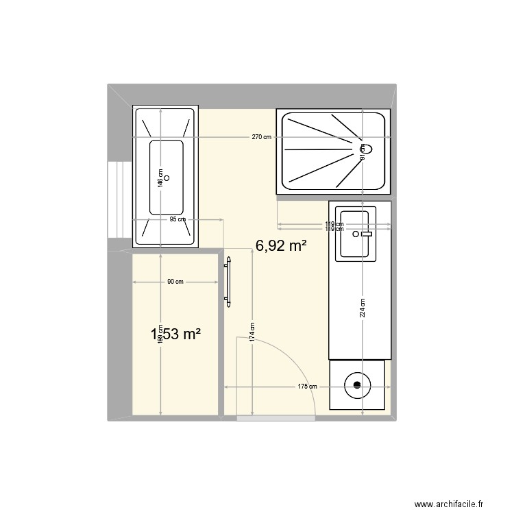 SdB. Plan de 2 pièces et 8 m2