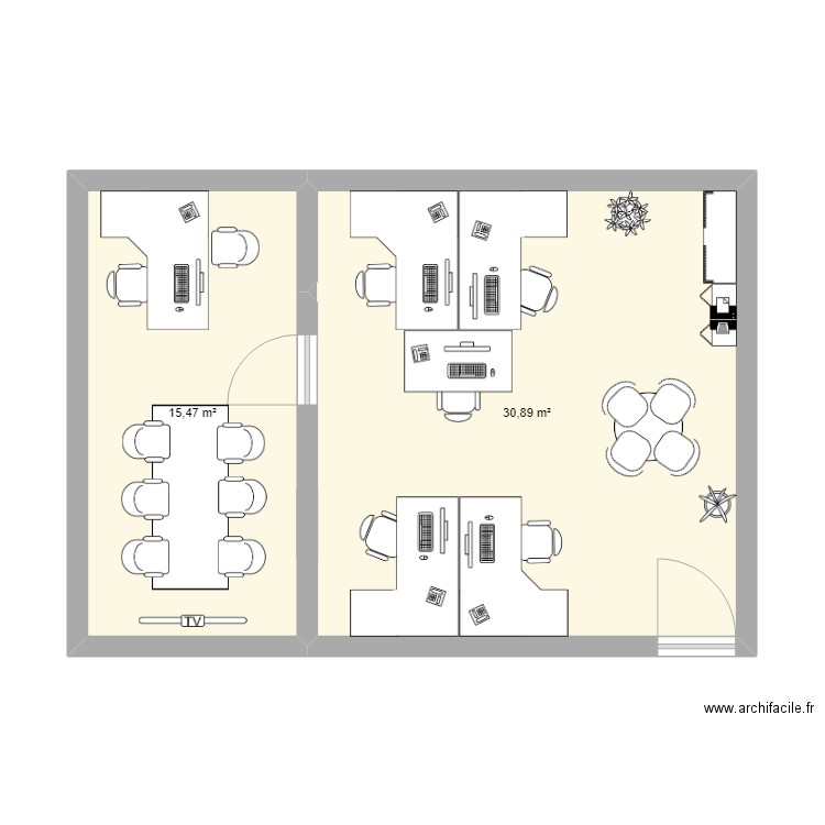 Amenagement 6 postes de travail. Plan de 2 pièces et 46 m2