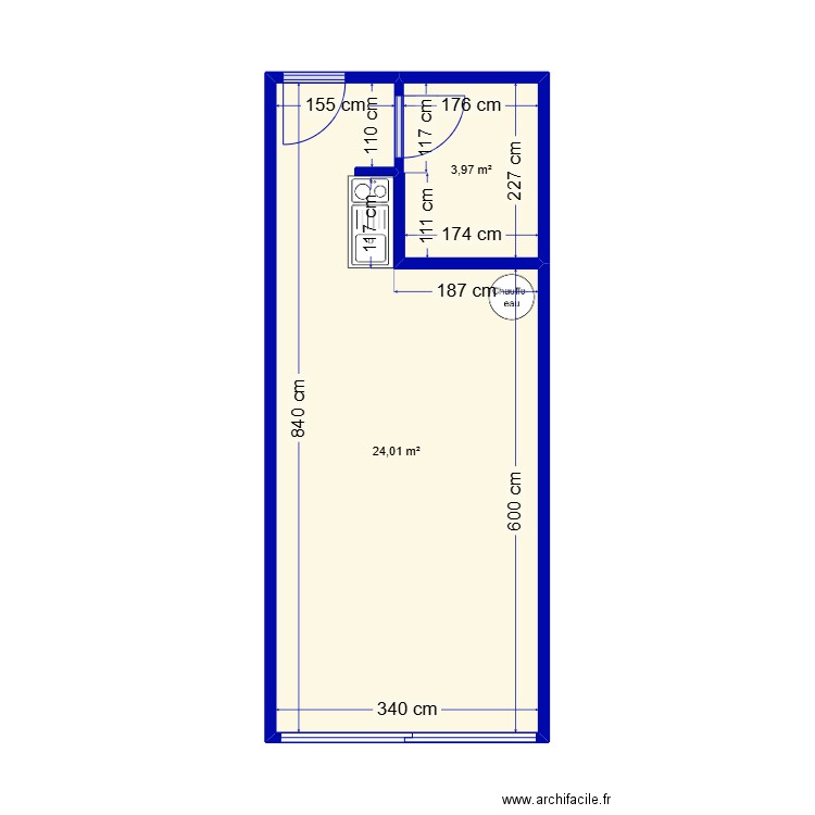 Studio Le Tampon. Plan de 2 pièces et 28 m2