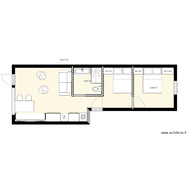 devoir 2 avec meuble. Plan de 3 pièces et 40 m2