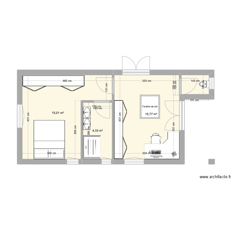 Extension Grangette V5. Plan de 3 pièces et 35 m2