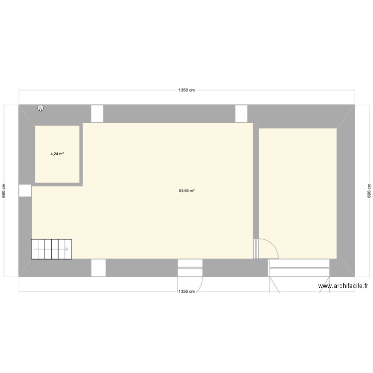 Grange. Plan de 2 pièces et 73 m2