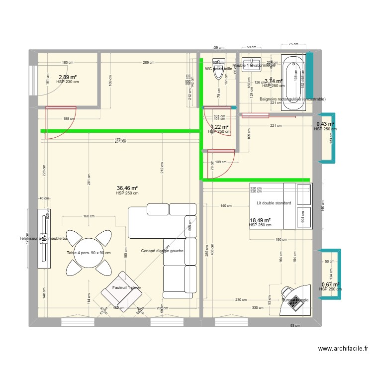 V3 RDC et couleur vert mezzanine. Plan de 7 pièces et 64 m2