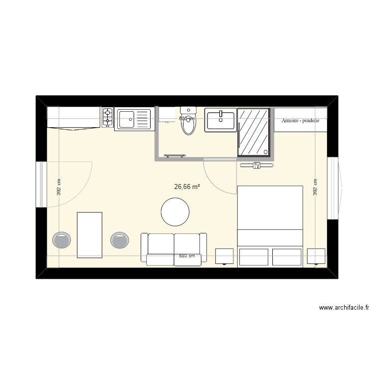 xx123. Plan de 1 pièce et 27 m2