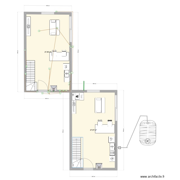 RDC tan Rouge bas ok. Plan de 2 pièces et 56 m2