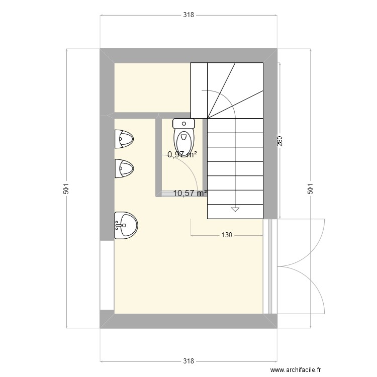 Sanitaires chateau. Plan de 2 pièces et 12 m2