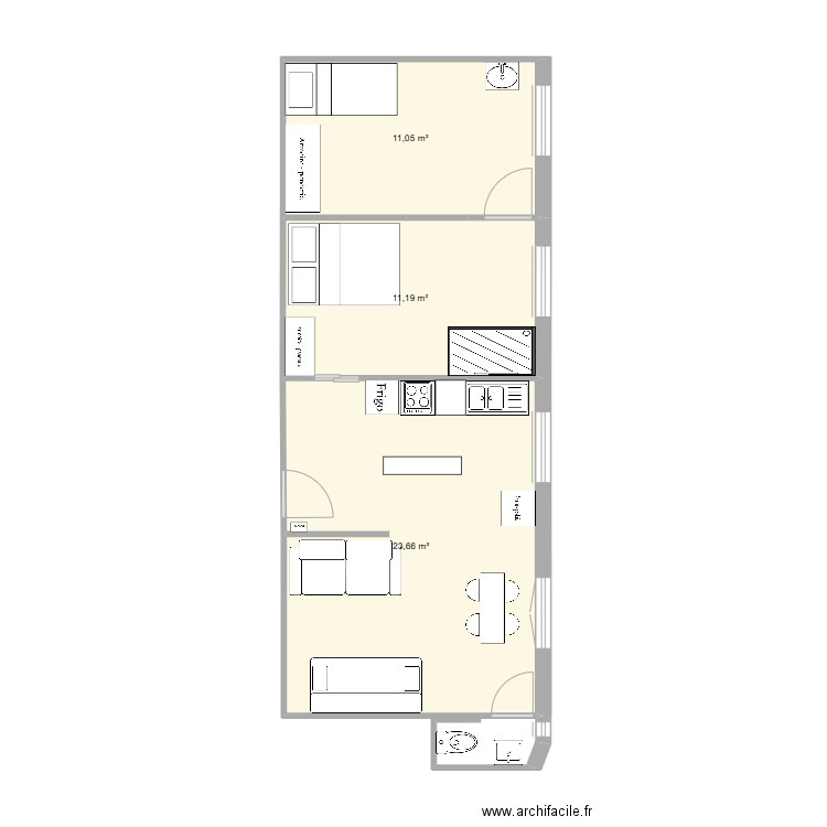 lion plan seul. Plan de 3 pièces et 46 m2