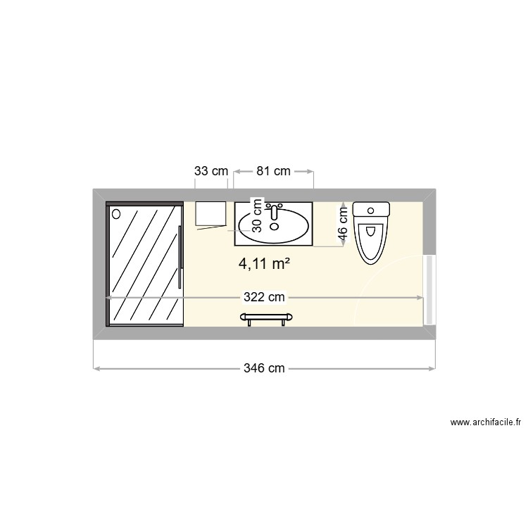 salle de bain studio. Plan de 1 pièce et 4 m2