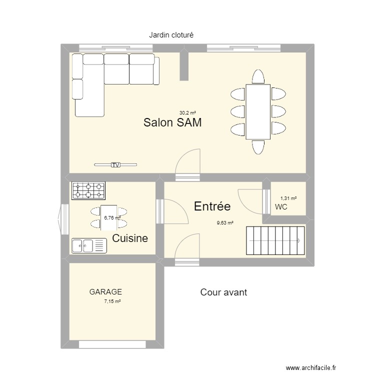 rodrigues. Plan de 5 pièces et 55 m2