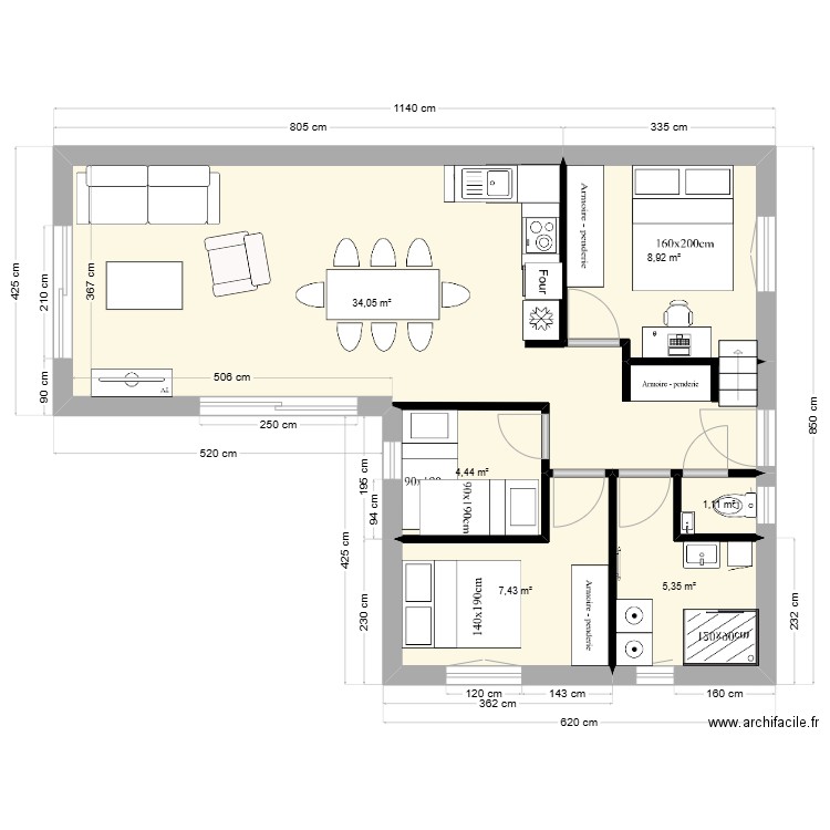 Modèle12. Plan de 6 pièces et 61 m2