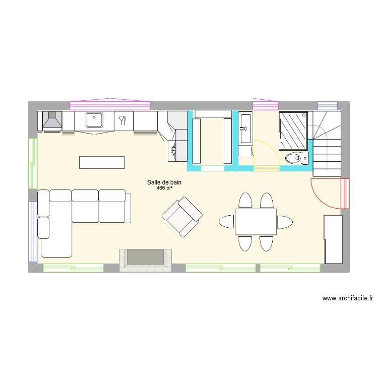 RDC. Plan de 1 pièce et 43 m2