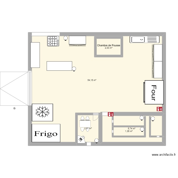 Boulangerie. Plan de 5 pièces et 71 m2