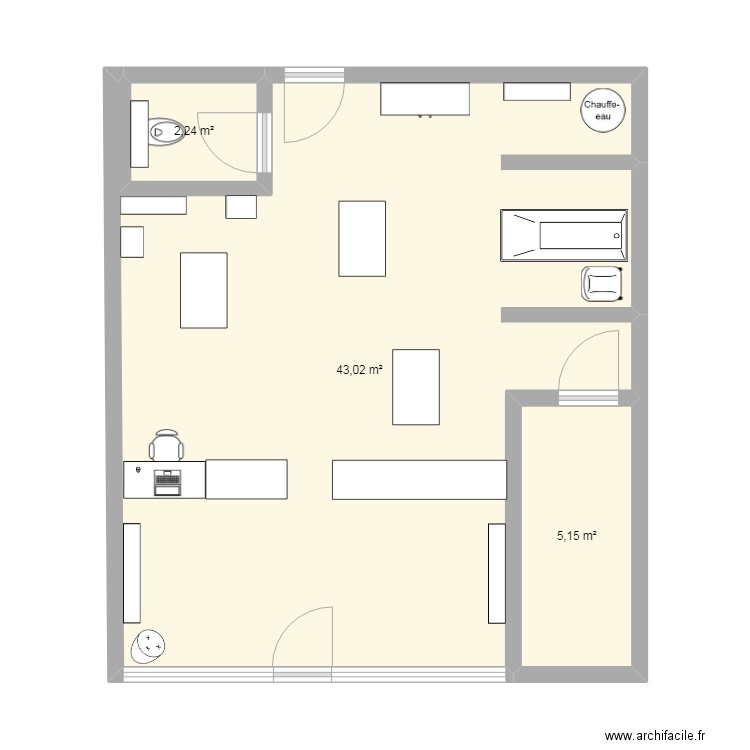 Salon Dandy Dog. Plan de 3 pièces et 50 m2