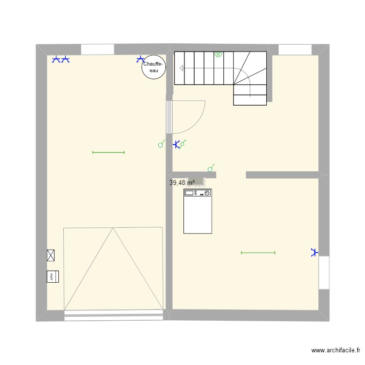 Sous-sol électricité actuelle. Plan de 1 pièce et 39 m2