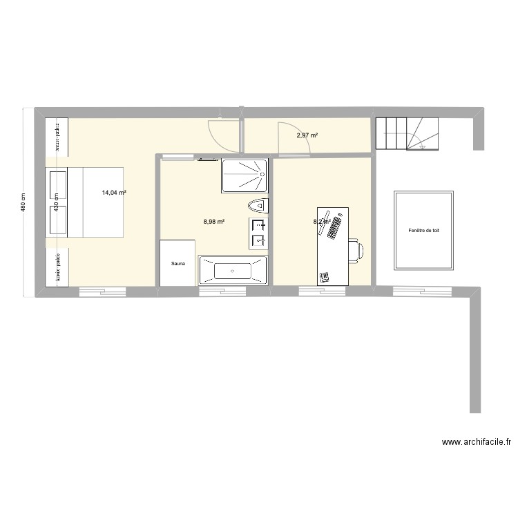 extension vierge (sdb milieu). Plan de 4 pièces et 34 m2