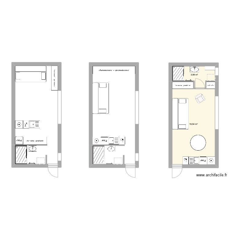 Studio Maman. Plan de 2 pièces et 24 m2