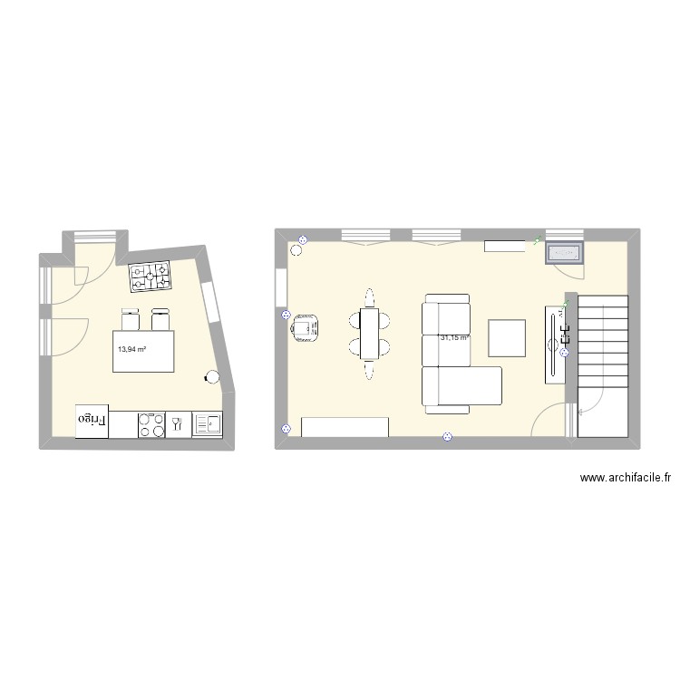 Cuisine. Plan de 2 pièces et 45 m2