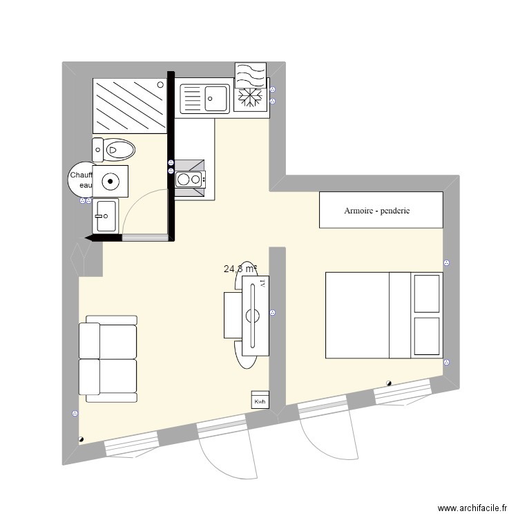 studio. Plan de 1 pièce et 24 m2