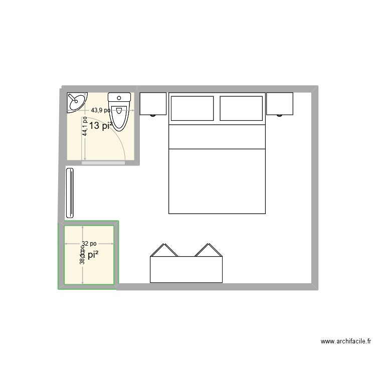 Chambre a garde robe en coin. Plan de 2 pièces et 2 m2