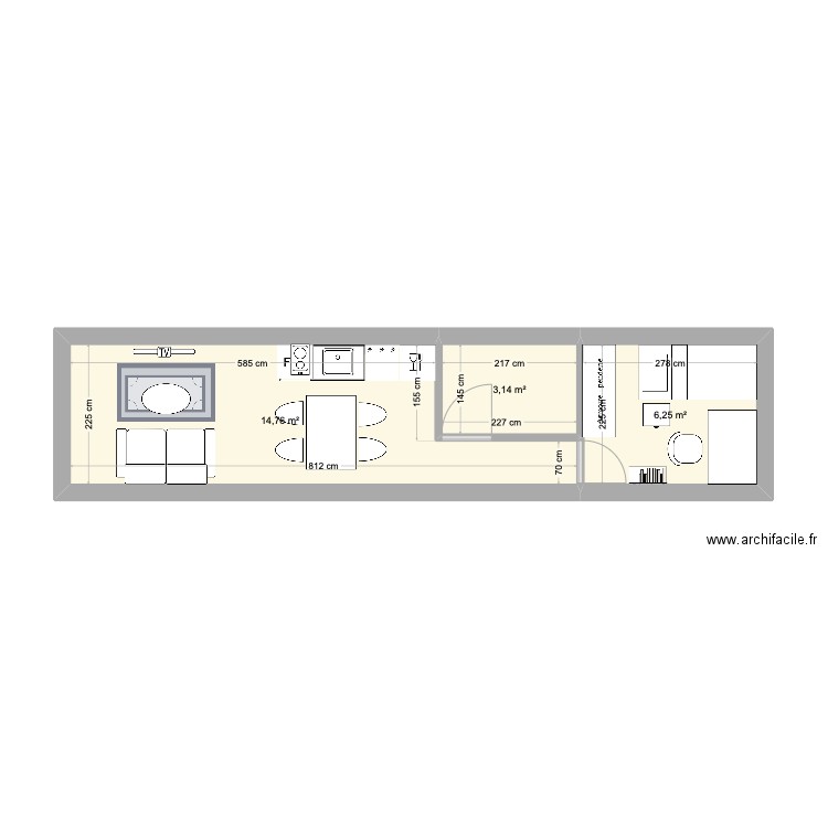 Techno porte conteneur. Plan de 3 pièces et 24 m2