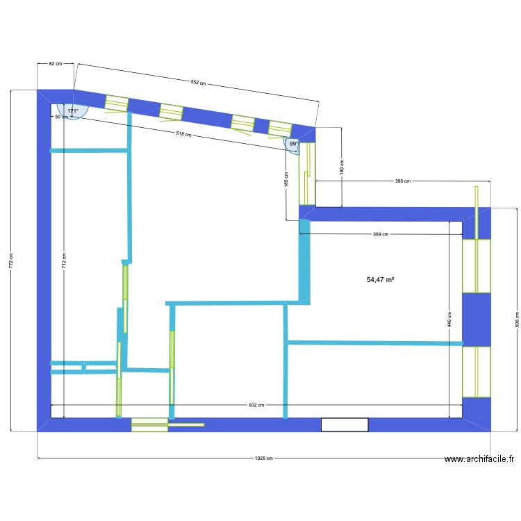 RDC Version 1. Plan de 1 pièce et 54 m2