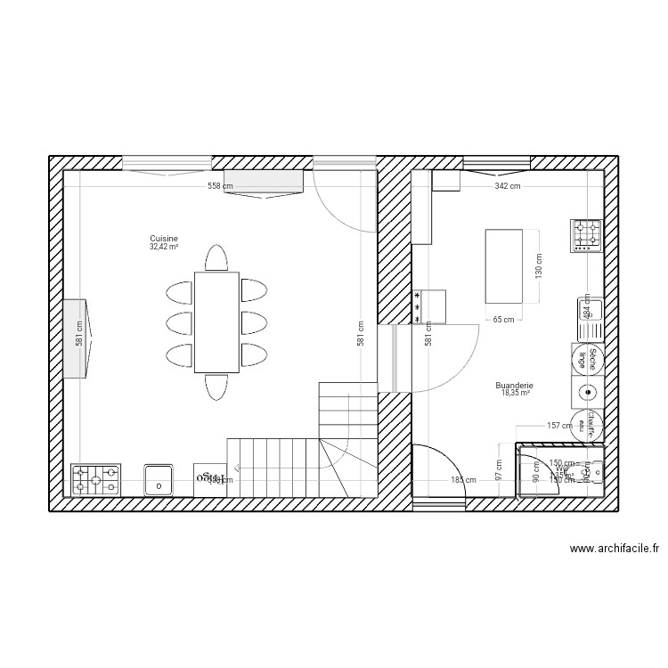 RDC Montseron. Plan de 3 pièces et 52 m2