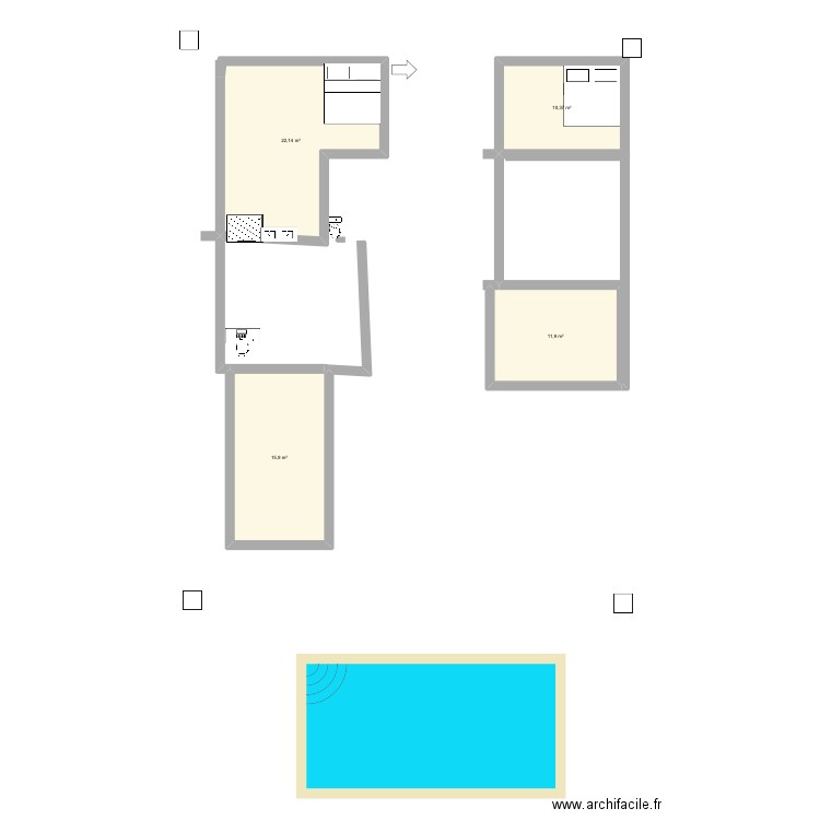 Maison rivière caleçon . Plan de 4 pièces et 60 m2