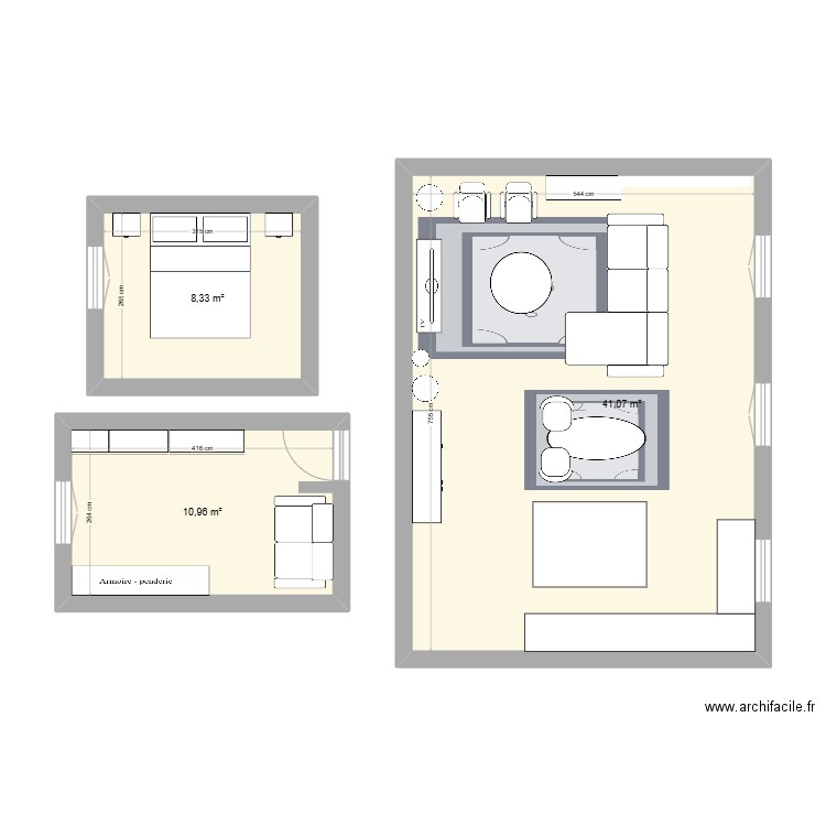 Salon. Plan de 3 pièces et 60 m2