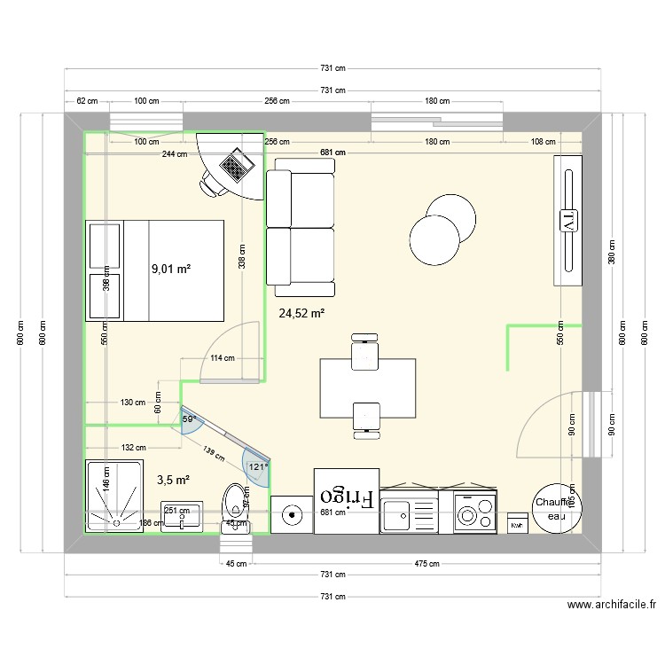 Plan OK Revu -v2. Plan de 3 pièces et 50 m2