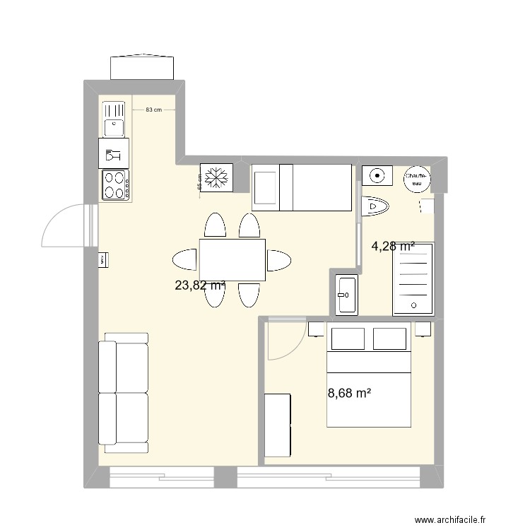 Studio V2. Plan de 3 pièces et 37 m2