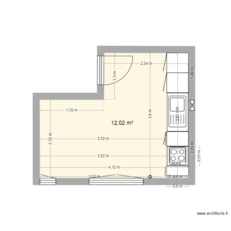 1e cuisine. Plan de 1 pièce et 12 m2