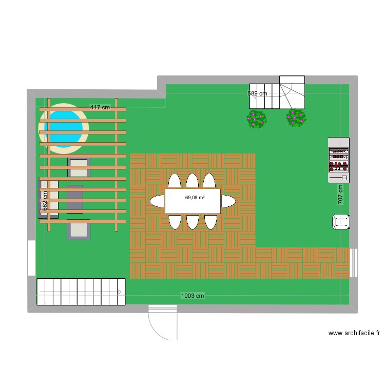 Terasse. Plan de 1 pièce et 69 m2