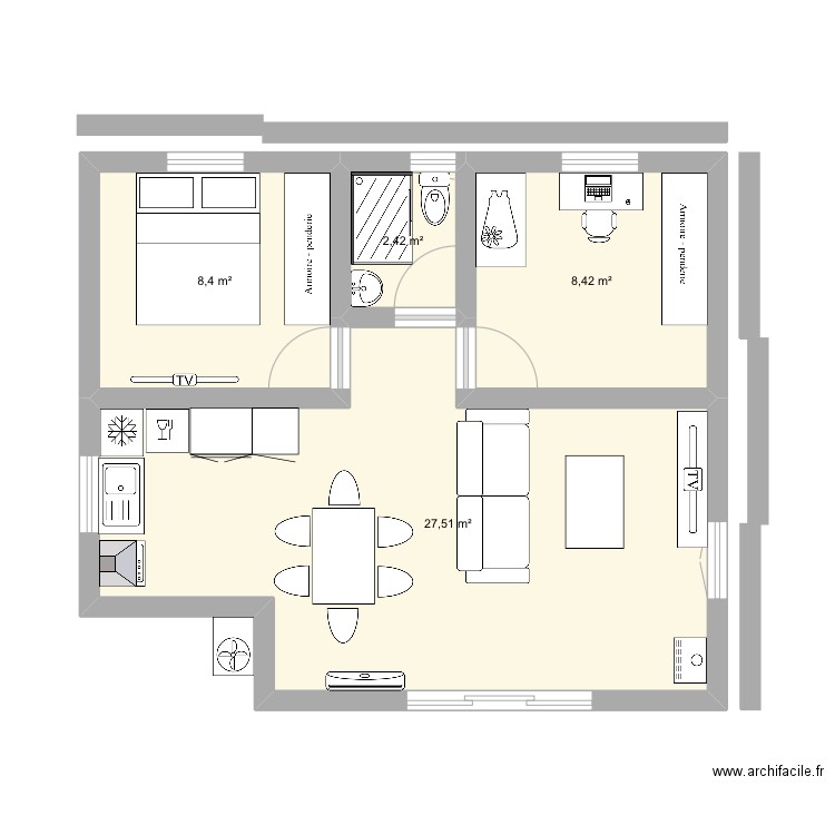 Algeco 2. Plan de 4 pièces et 47 m2