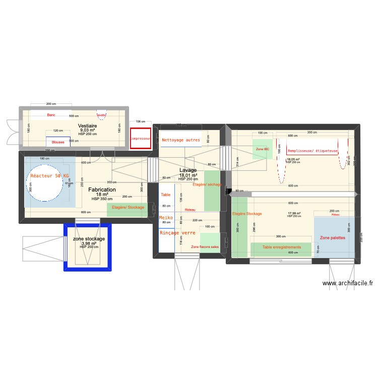 Fabrication conditionnement lavage. Plan de 6 pièces et 85 m2