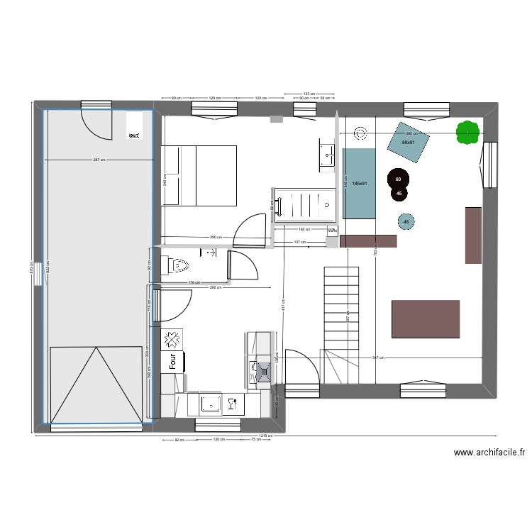 Grèbes 27 - RdC - salon Modena. Plan de 3 pièces et 85 m2