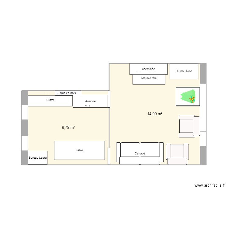 Idée Salon. Plan de 2 pièces et 25 m2