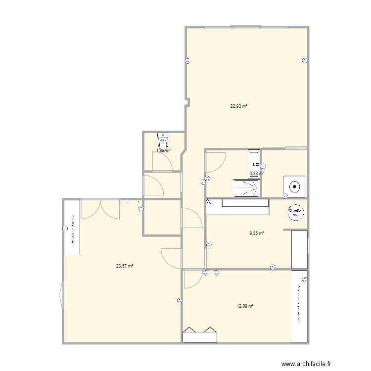 t3 vide. Plan de 6 pièces et 76 m2